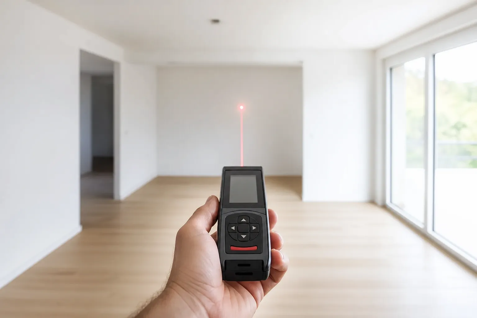 Mesurage laser d’une pièce vide aux murs clairs
