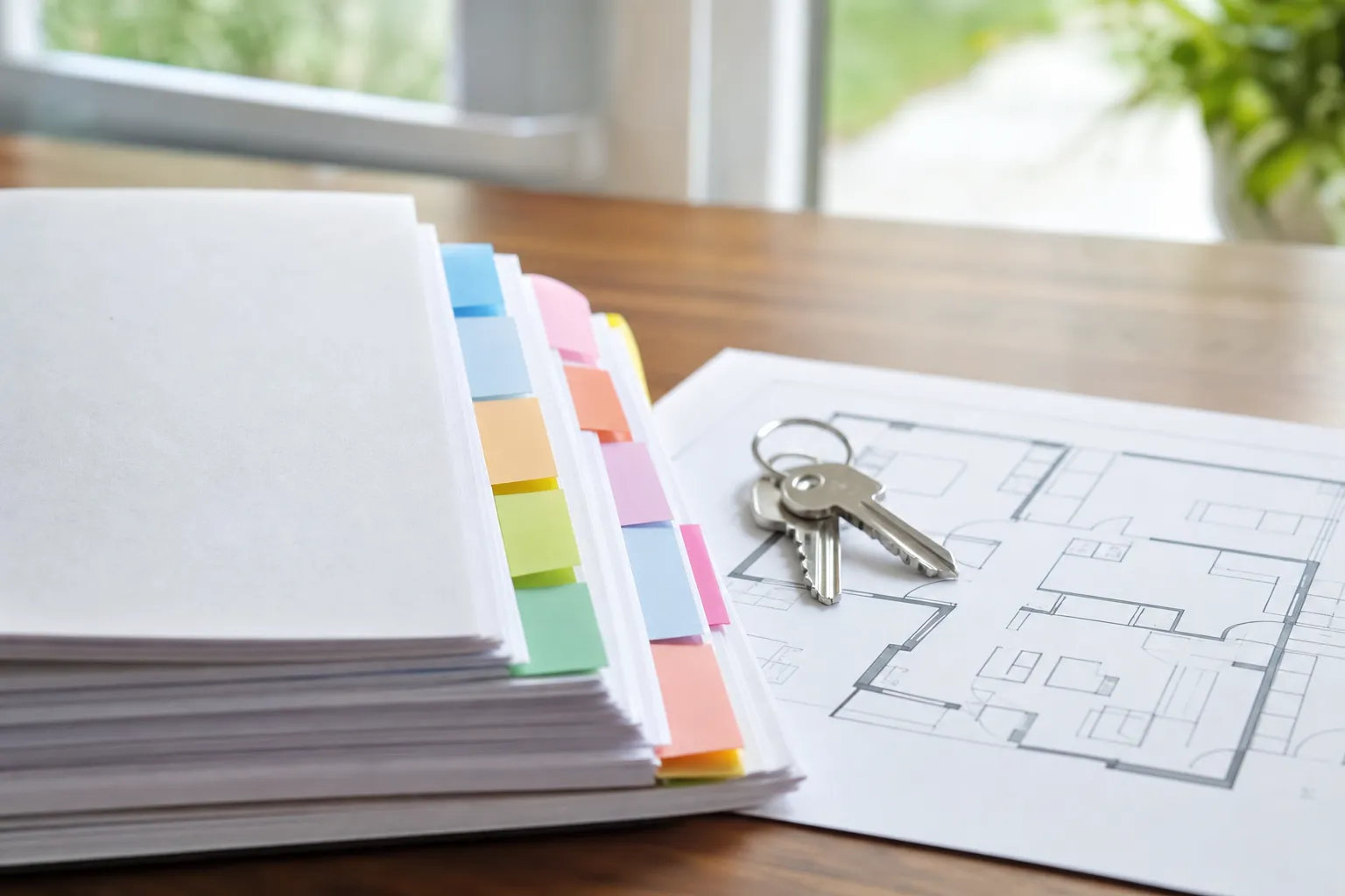Dossier de vente et plans préparés sur une table