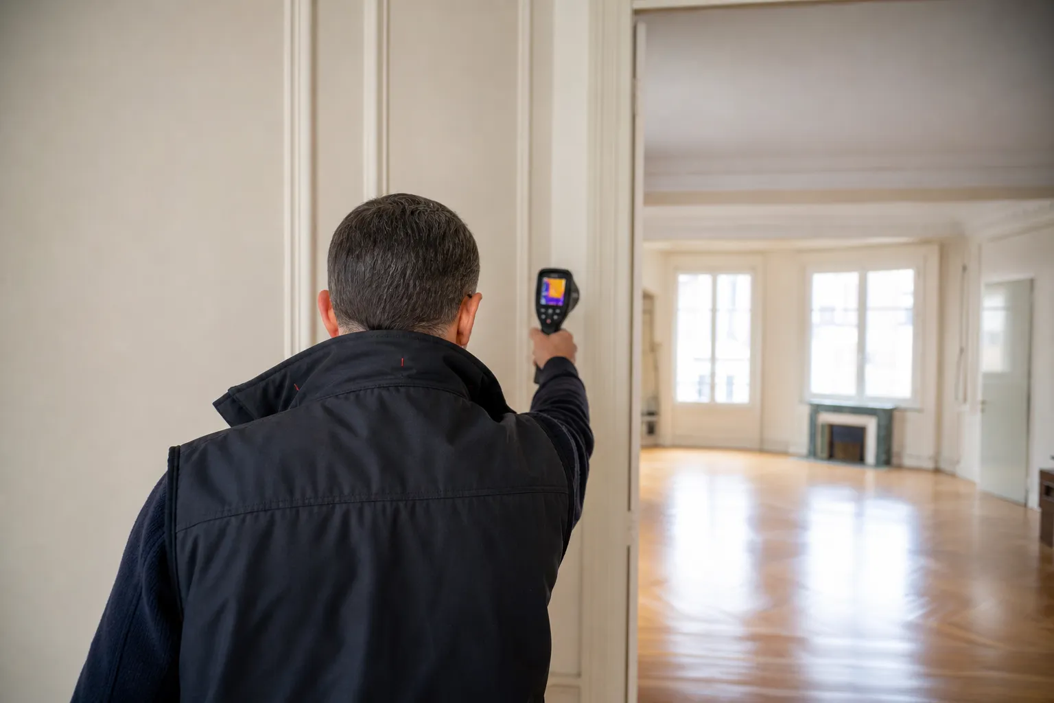 Diagnostiqueur examinant un appartement lyonnais lumineux avec sa tablette